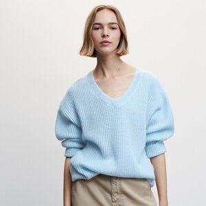 Mango 🩵 Oversized  V-neck Ribbed Knit Sweater, Sky Blue, Size Large